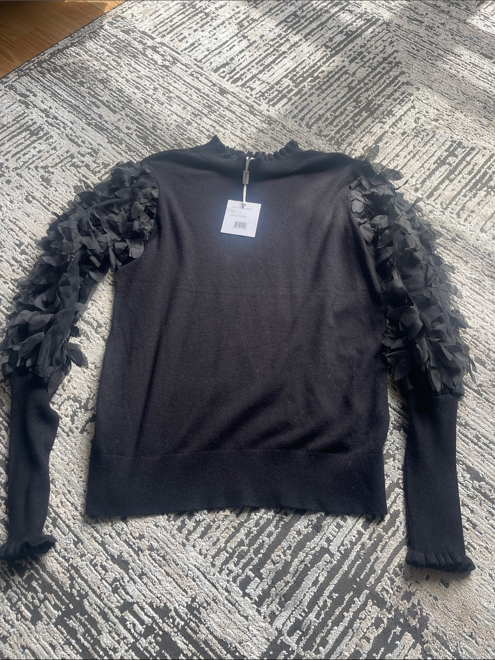 Black Sweater with 3D Petal Sleeve Detail